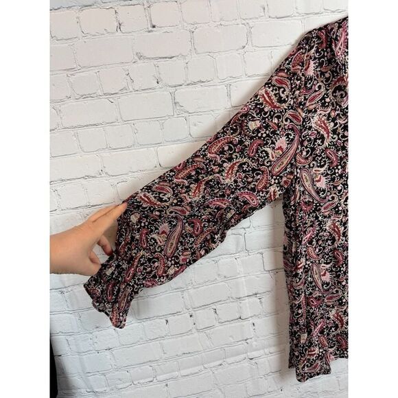 J.JILL black pink paisley rayon bishop sleeve frill swing blouse top L NWOT - Picture 4 of 9